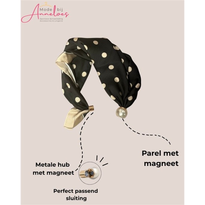 Dames Halssjaal polka dot zwart beige 526 korte sjaal met parel